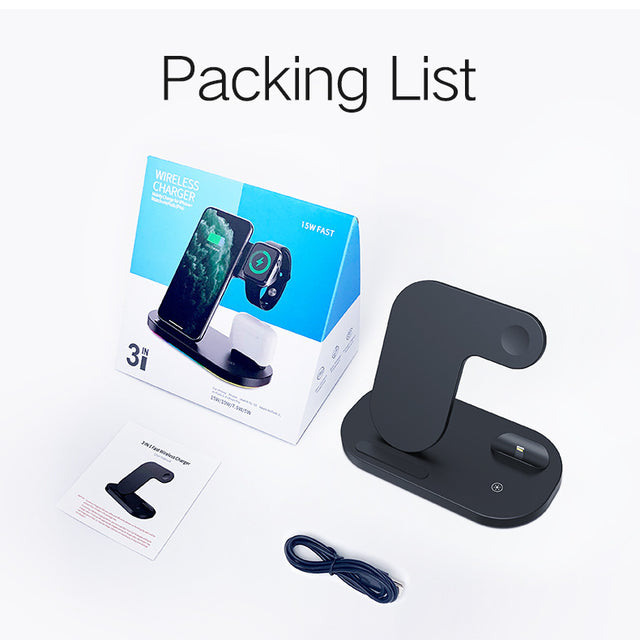 Station de Charge 3-en-1 Sans Fil 15W pour iPhone, AirPods, Apple Watch – Compatible Apple