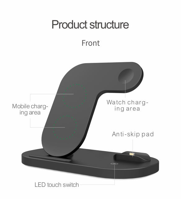 Station de Charge 3-en-1 Sans Fil 15W pour iPhone, AirPods, Apple Watch – Compatible Apple
